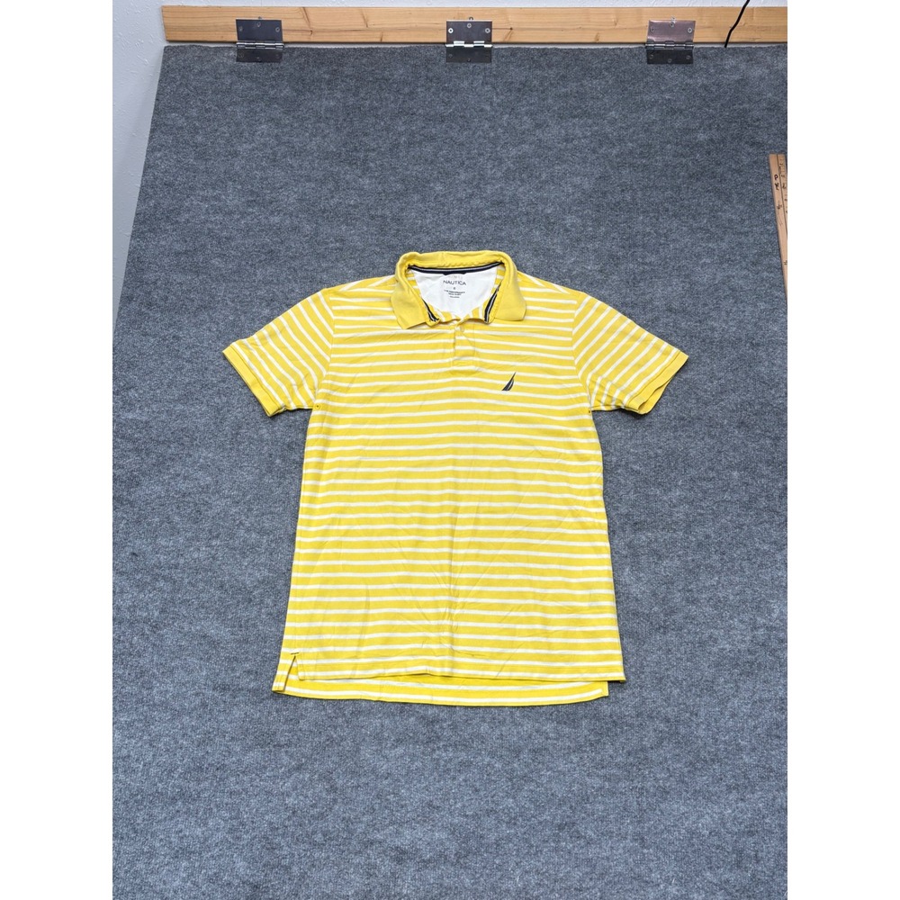 Nautica Mens Small Performance Deck Shirt Yellow White Striped Polo Short Sleeve